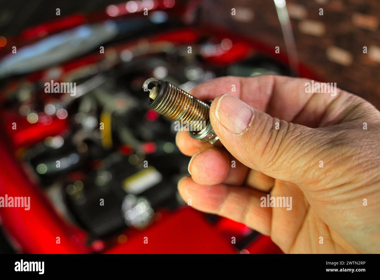 Tenere a mano le candele del motore usate. Foto Stock
