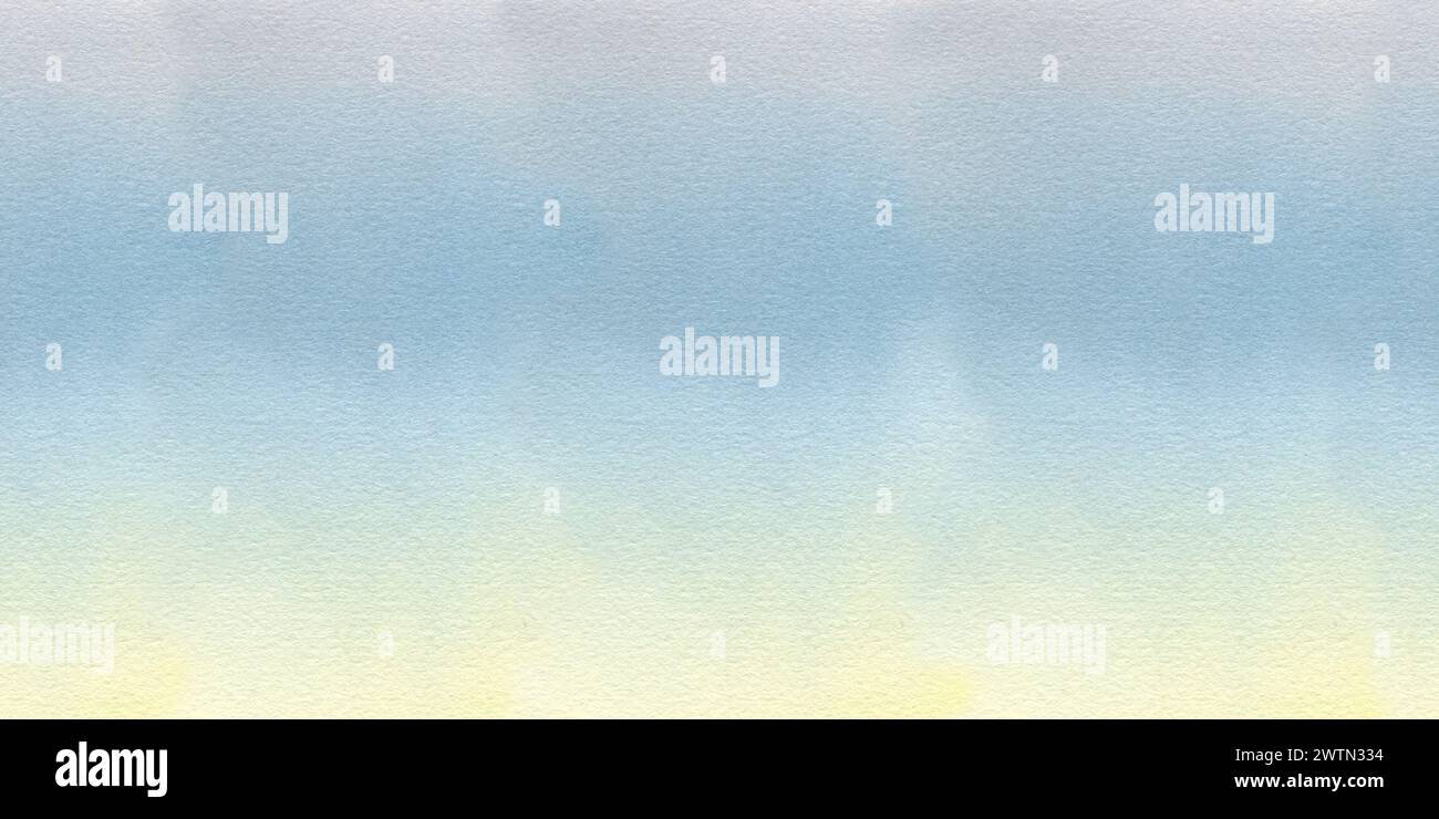 Sfondo con texture ad acquerello disegnato a mano, sfumatura dal giallo al blu. Per cielo, mare, stagno. Bordo lungo senza cuciture orizzontale. Foto Stock
