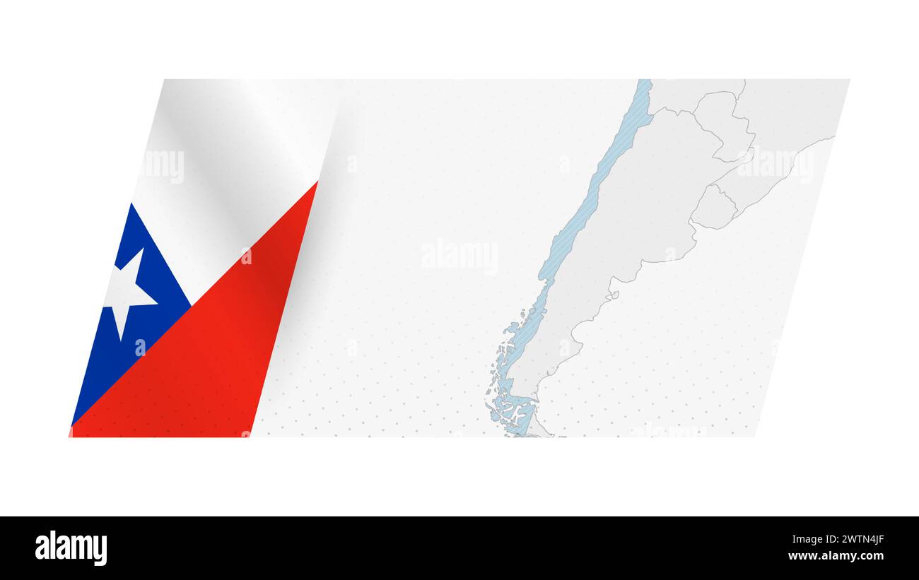 Cartina del Cile in stile moderno con la bandiera del Cile sul lato sinistro. Illustrazione vettoriale di una mappa. Illustrazione Vettoriale