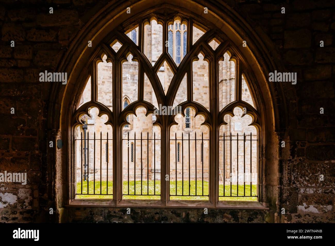 Dettaglio del chiostro gotico. La cattedrale di Chichester, formalmente conosciuta come la chiesa cattedrale della Santa Trinità, è la sede del vescovo anglicano di Foto Stock