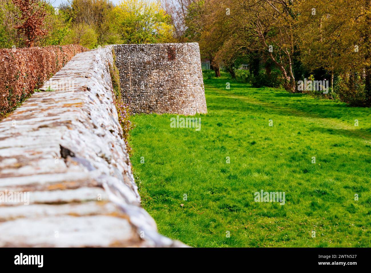 Resti delle mura medievali nei giardini del palazzo vescovile. Chichester, West Sussex, South East, Inghilterra, Regno Unito, Europa Foto Stock