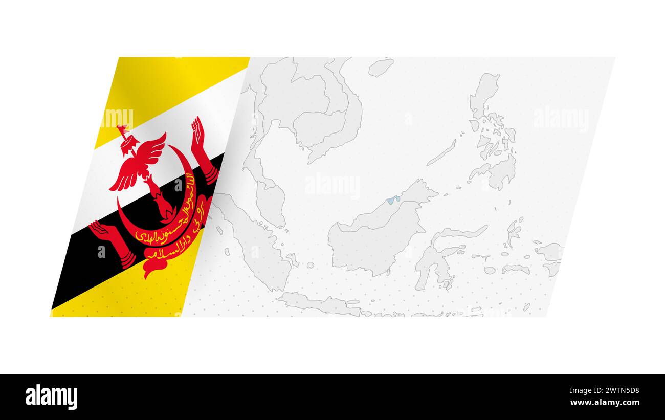 Mappa del Brunei in stile moderno con la bandiera del Brunei sul lato sinistro. Illustrazione vettoriale di una mappa. Illustrazione Vettoriale