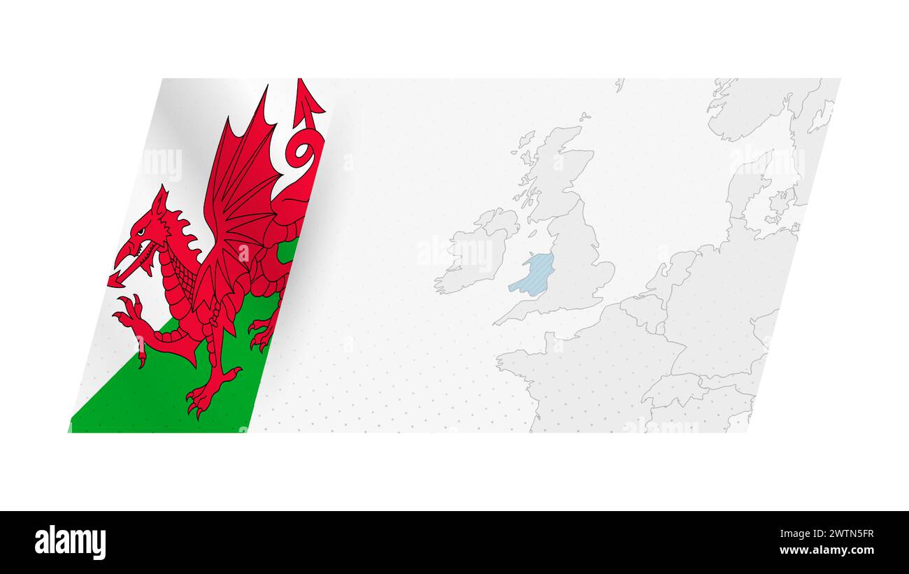 Mappa del Galles in stile moderno con la bandiera del Galles sul lato sinistro. Illustrazione vettoriale di una mappa. Illustrazione Vettoriale