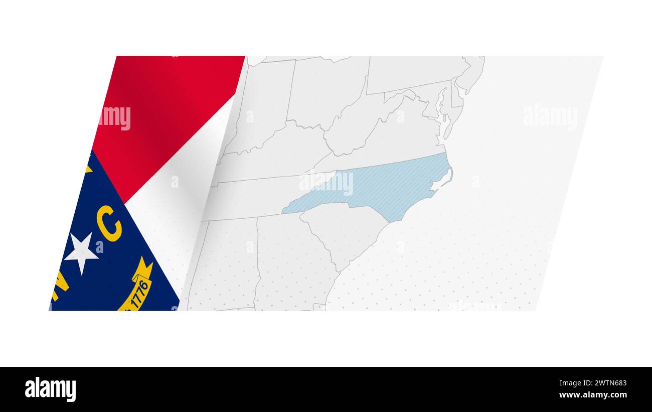 Mappa del North Carolina in stile moderno con la bandiera del North Carolina sul lato sinistro. Illustrazione vettoriale di una mappa. Illustrazione Vettoriale