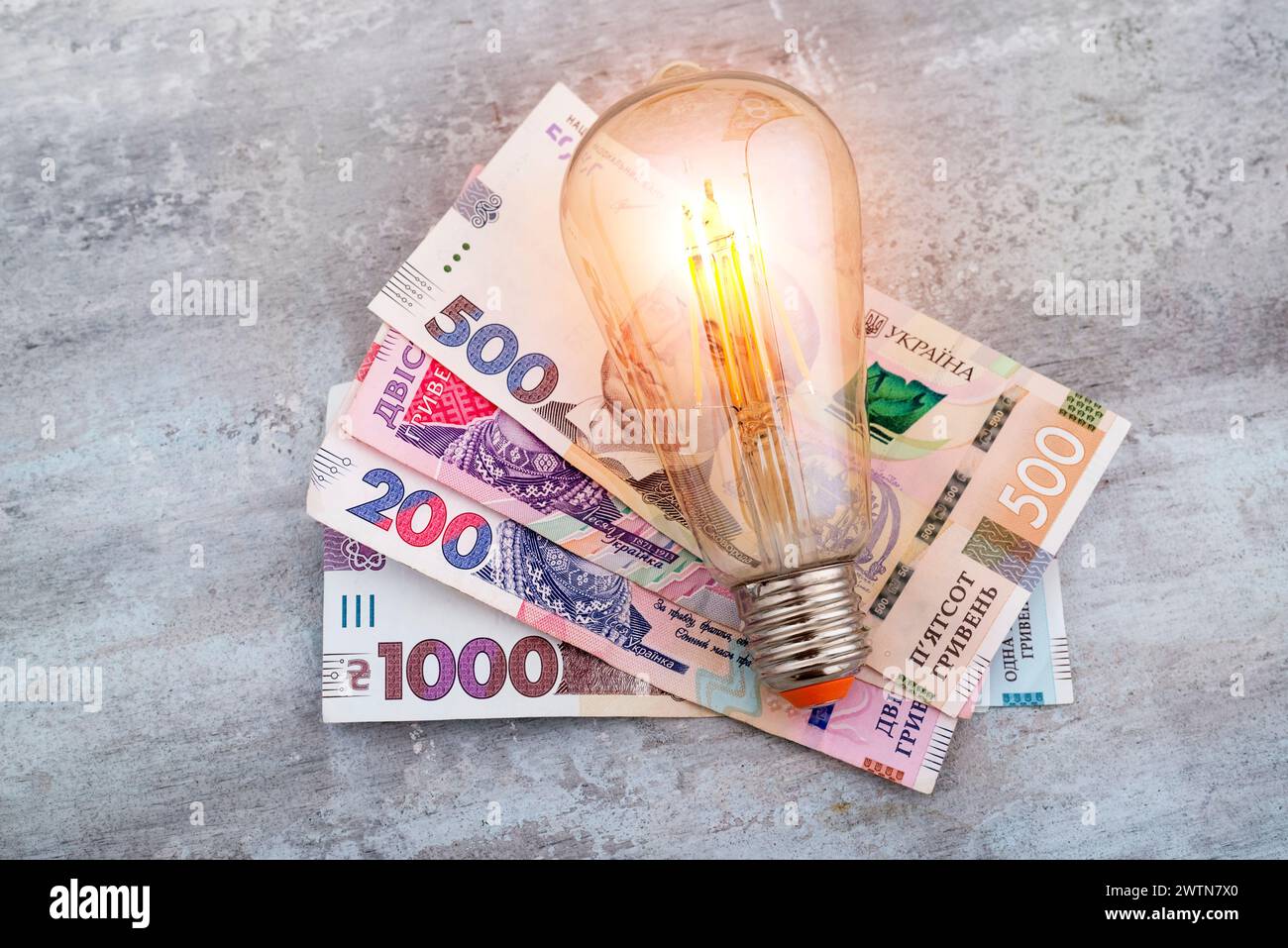 Hryvnias di soldi ucraini e una lampadina. Il concetto di aumento dei prezzi dell’energia elettrica in Ucraina e il deficit. Costi dell'elettricità. Foto Stock