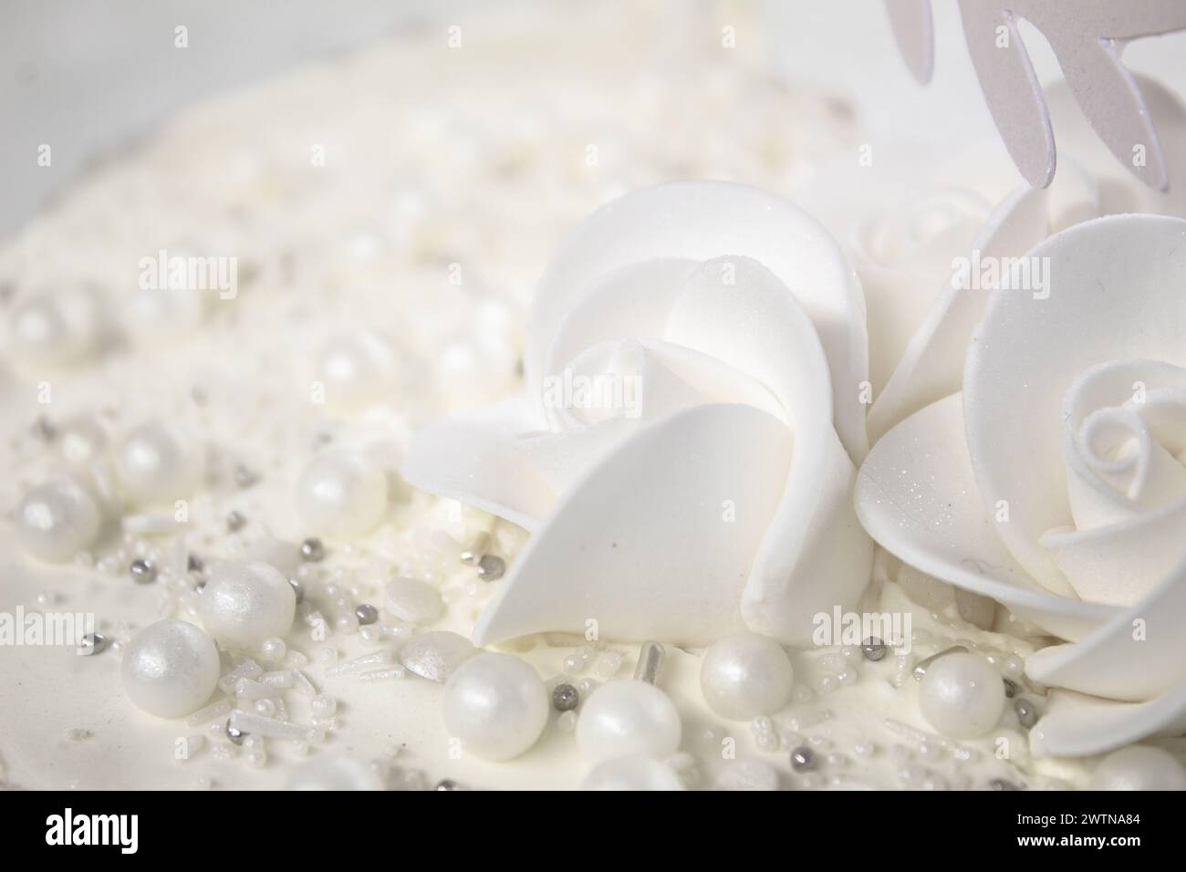 Torta bianca per feste con glassa bianca e perle, design per torte. Torta fatta a mano per un'occasione speciale. Dettagli speciali. Foto Stock