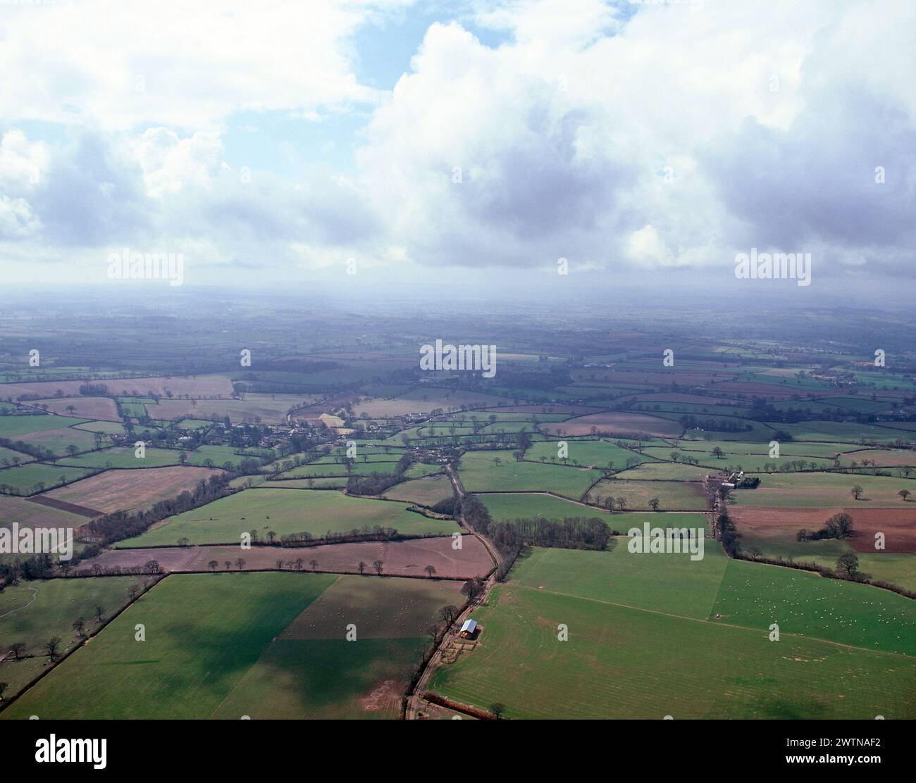 Regno Unito. Inghilterra. Somerset. Blackdown Hills. Vista aerea dei campi. Foto Stock
