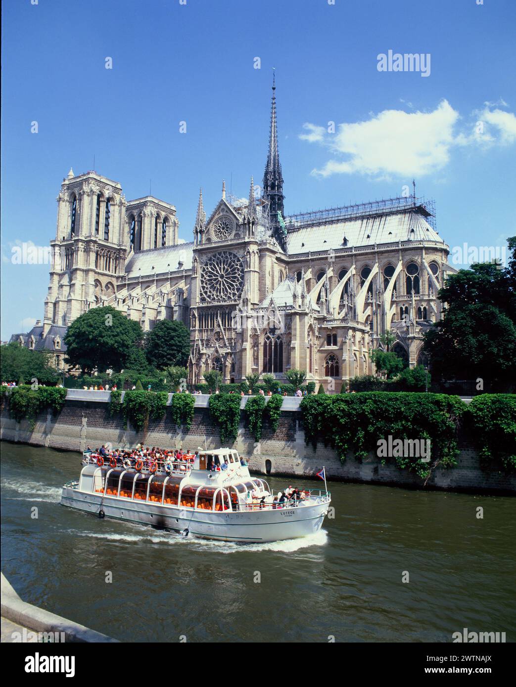 Francia. Parigi. Notre Dame con barca turistica sul fiume Senna. Foto Stock
