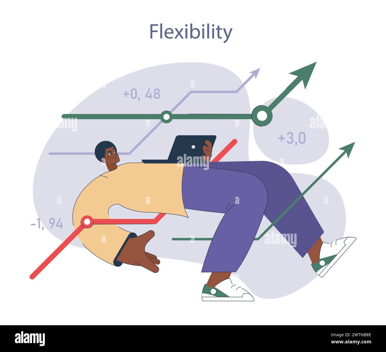 Flessibilità. Un professionista agile che si adatta alle tendenze del mercato con un background di grafici di crescita. Simboleggia l'adattamento strategico. Illustrazione Vettoriale