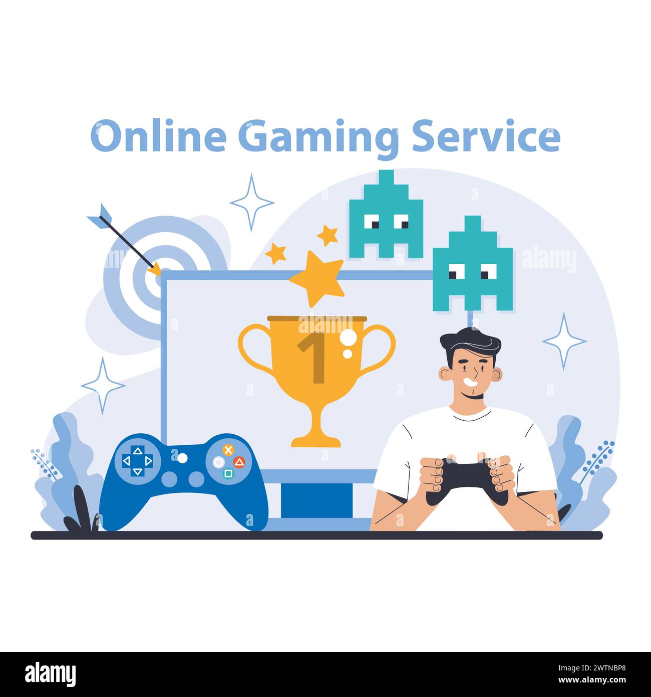 Concetto di servizio di gioco online. Mondi digitali immersivi in cui strategia e concorrenza prendono vita. Esperienze multigiocatore coinvolgenti e premi per i risultati. Illustrazione vettoriale piatta. Illustrazione Vettoriale