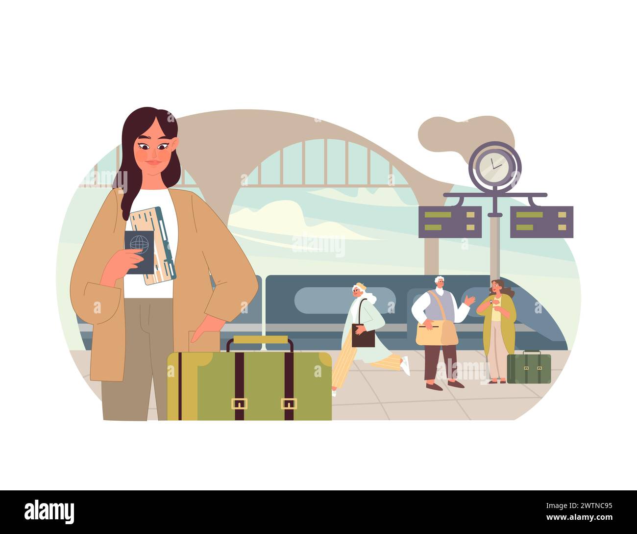 Anticipando la partenza. Un viaggiatore aspetta alla stazione, il suo viaggio sta per iniziare, mentre altri si impegnano nelle vicinanze. Un'istantanea della preparazione al viaggio. Illustrazione Vettoriale