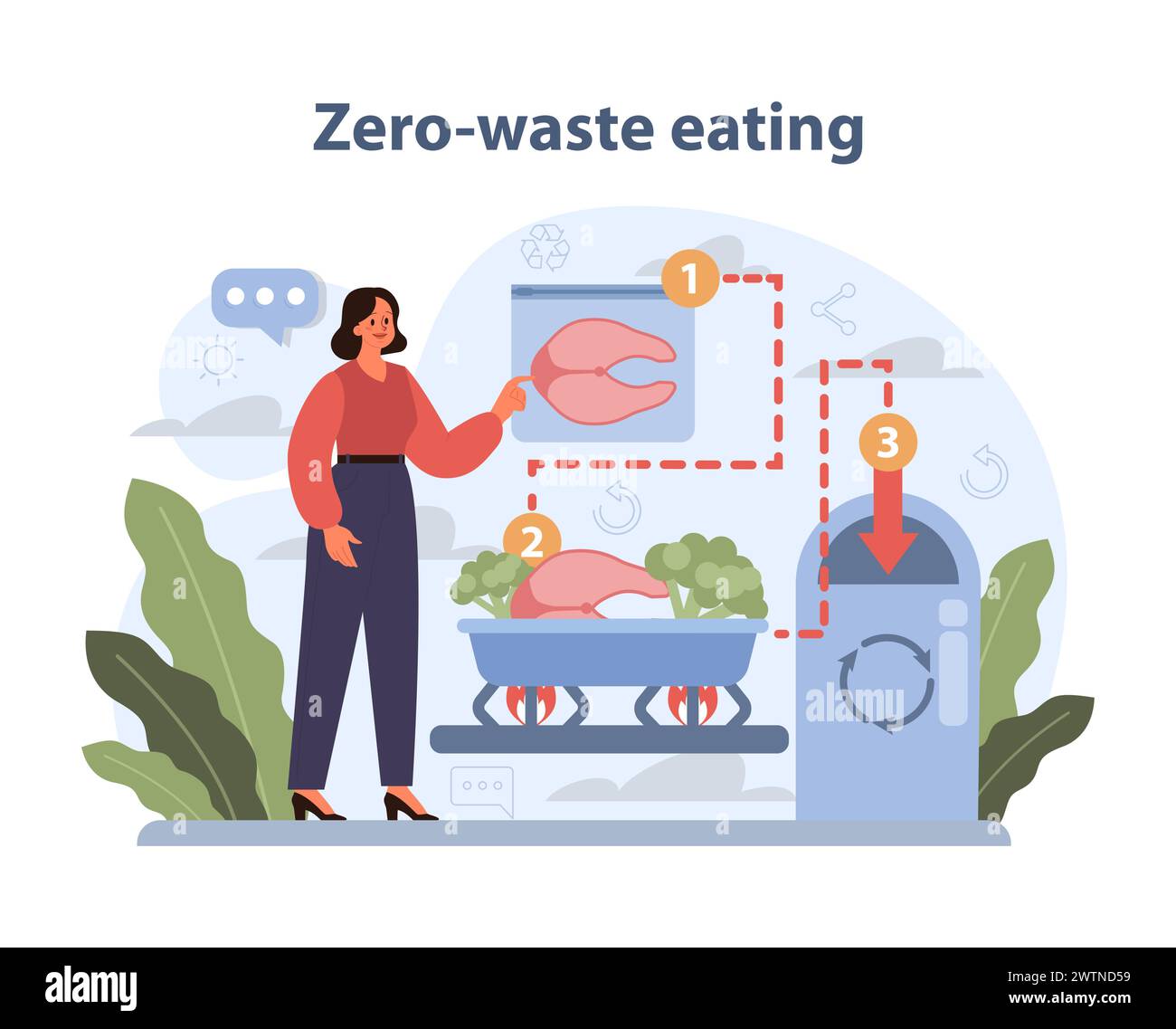 Concetto di mangiare senza sprechi. Illustrazione di una donna che pratica i principi dello zero spreco nella preparazione degli alimenti, riducendo l'impatto ambientale. Illustrazione Vettoriale