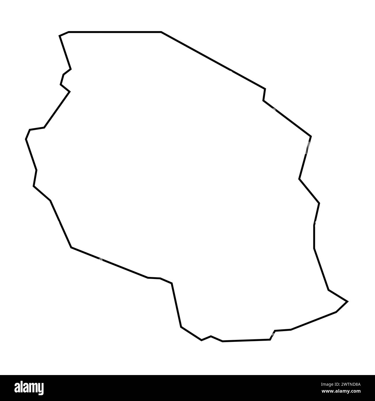 Silhouette nera sottile della campagna della Tanzania. Mappa semplificata. Icona vettoriale isolata su sfondo bianco. Illustrazione Vettoriale