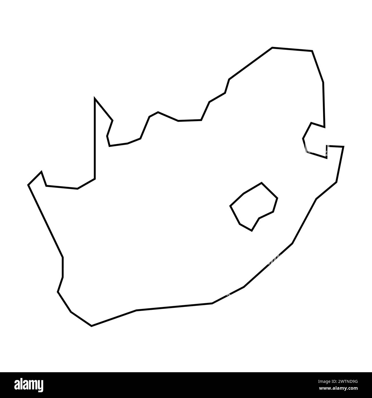 Profilo nero sottile del paese del Sudafrica. Mappa semplificata. Icona vettoriale isolata su sfondo bianco. Illustrazione Vettoriale
