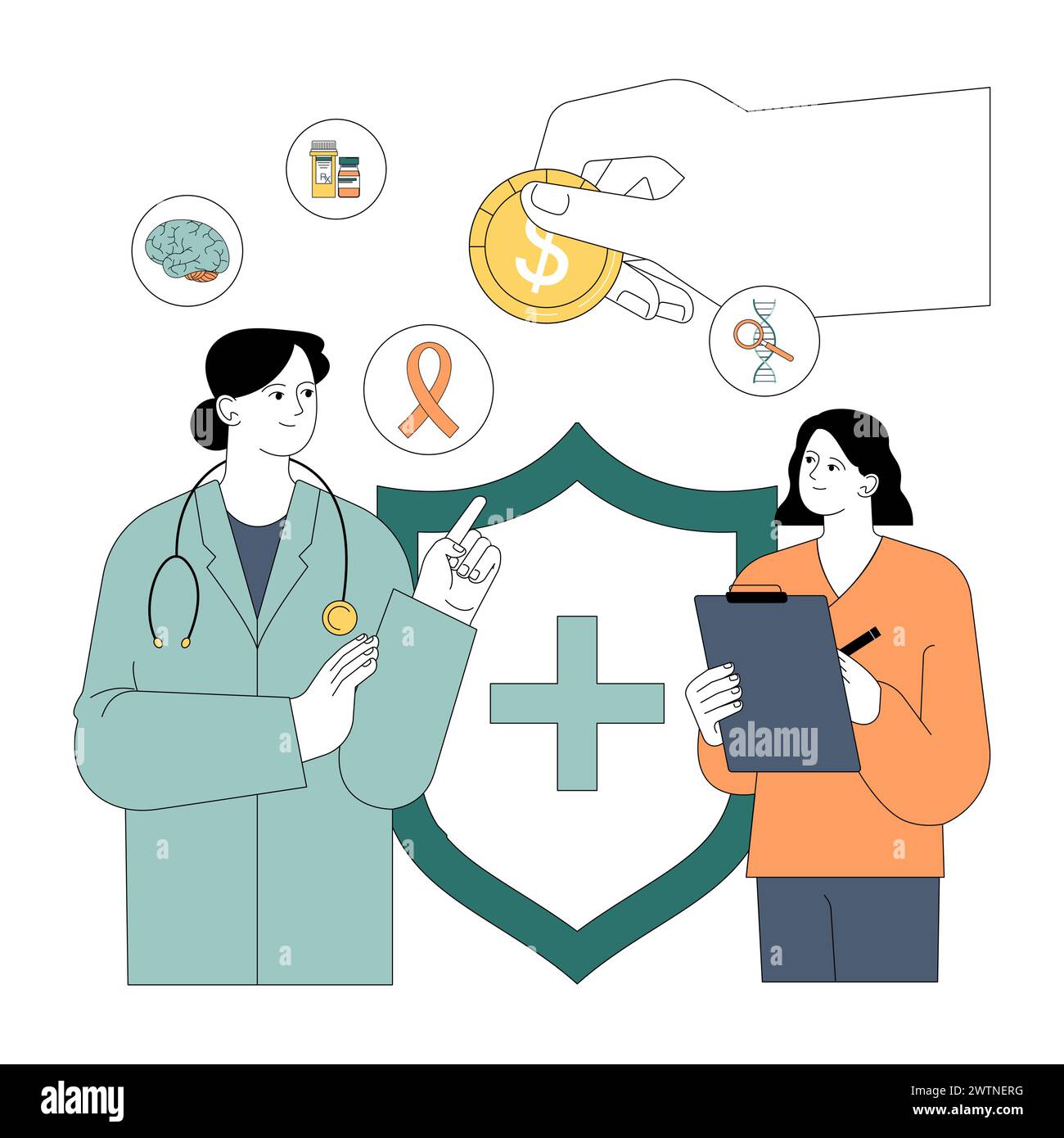 Sussidi statali. Il settore sanitario riceve sostegno finanziario. Sostegno finanziario ai servizi medici, finanziamento della sanità pubblica. Strategia di bilancio del governo. Illustrazione vettoriale piatta. Illustrazione Vettoriale