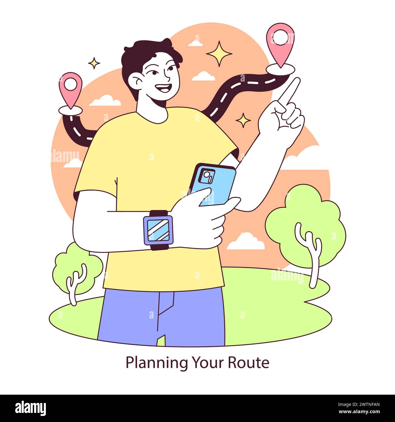 Concetto di pianificazione del percorso. Un avido rucker utilizza la tecnologia per navigare e definire la strada perfetta per una marcia coinvolgente. Tecnologia di navigazione nel fitness. Illustrazione vettoriale piatta. Illustrazione Vettoriale