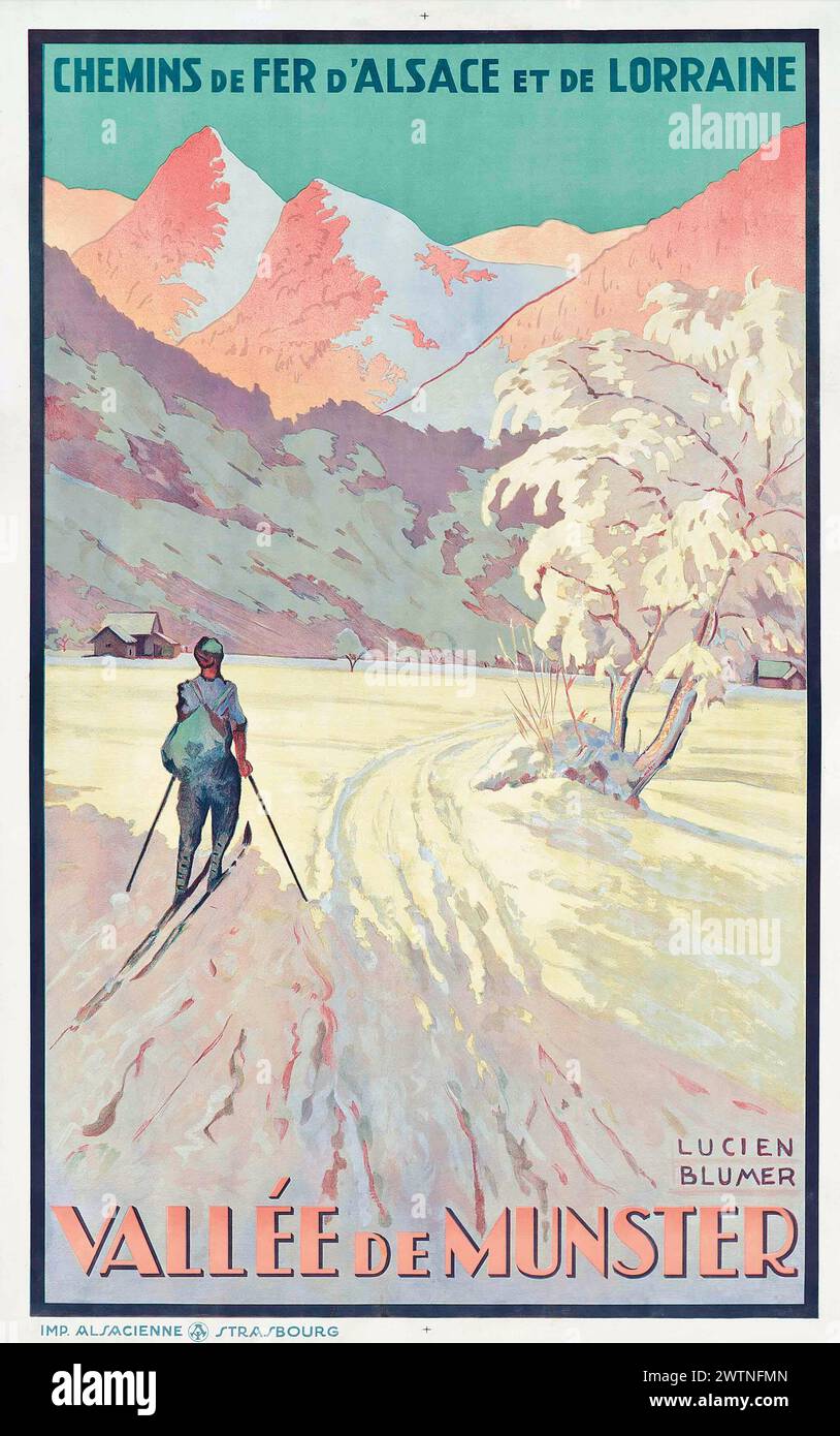 Poster da viaggio vintage per lo sport. Ski, VALLÉE DE MUNSTER , Francia, di Lucien Blumer intorno al 1930 Foto Stock
