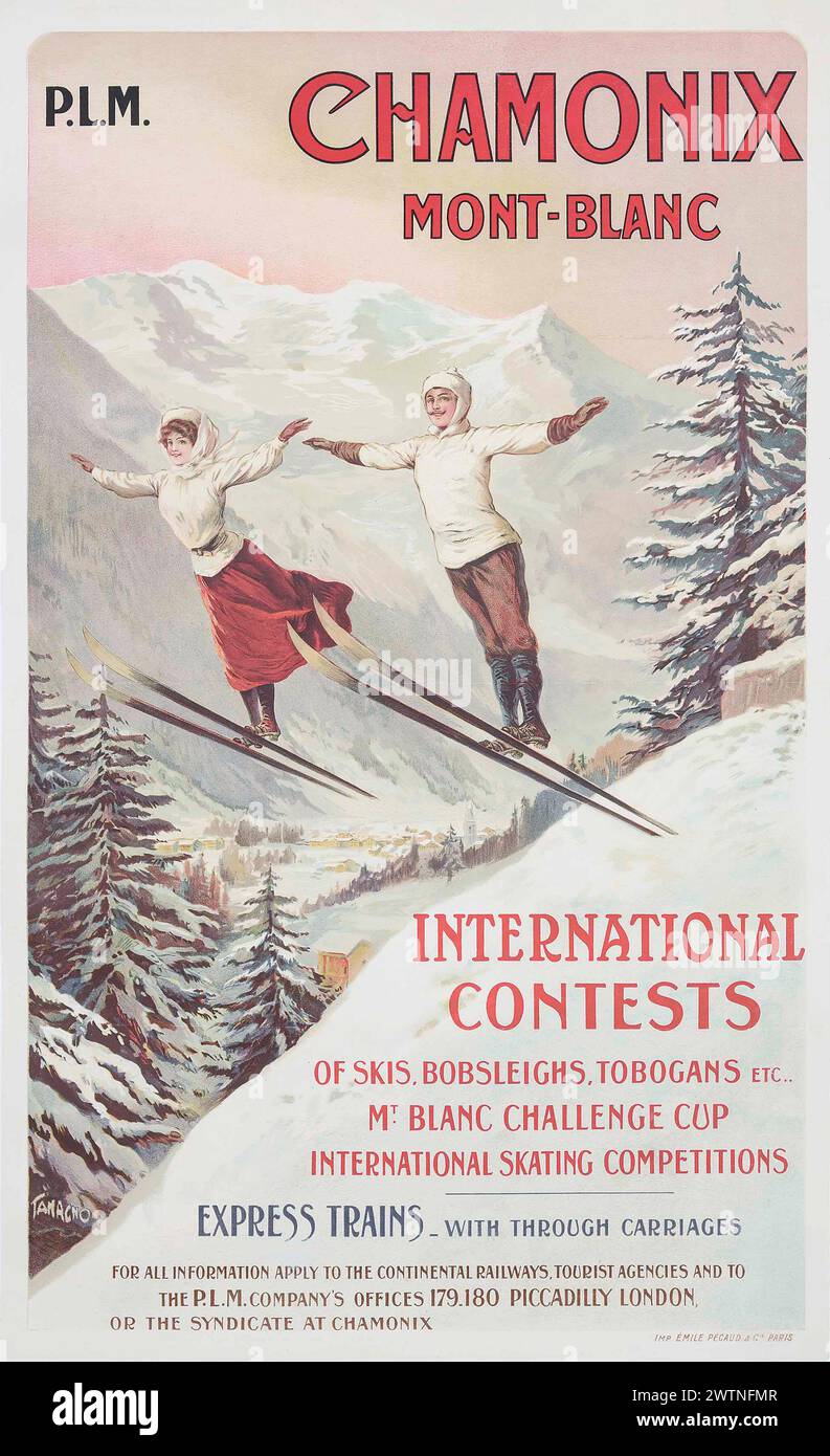 Poster da viaggio vintage per lo sport. Gare internazionali.sport invernali. Con illustrazione di Ski Jump, CHAMONIX, Mont-Blanc, Francia, di Francisco Tamagno, anni '1900 Foto Stock