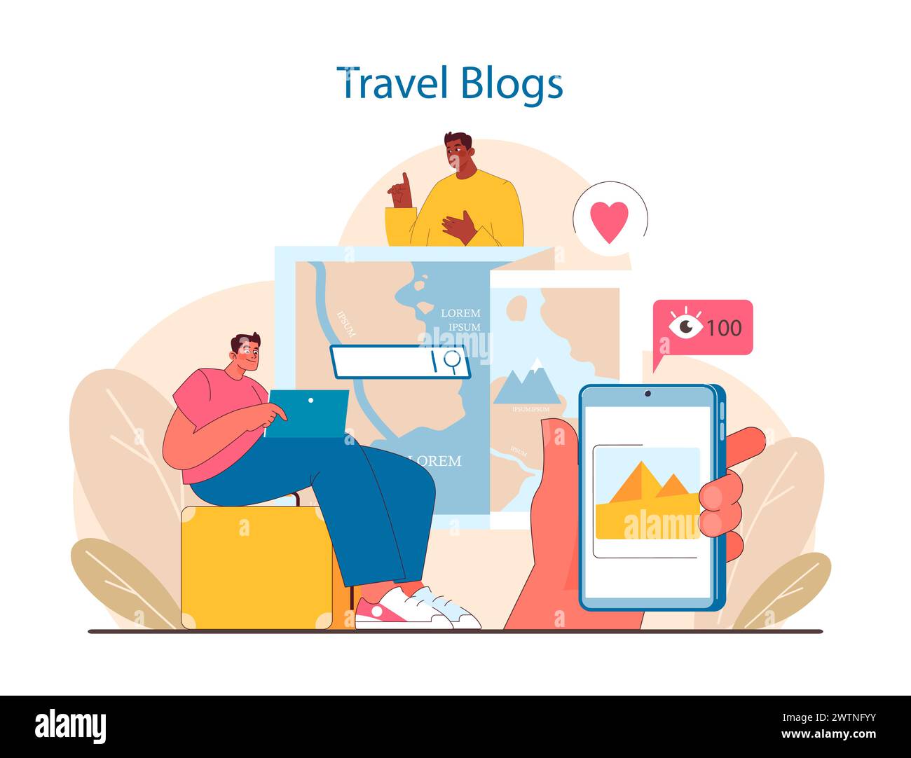 Concetto di Travel Blogging. Condividere esperienze di viaggio online. Storie coinvolgenti di esplorazione e scoperta tramite piattaforme social. Navigare nel globo attraverso la narrazione digitale. Illustrazione vettoriale piatta. Illustrazione Vettoriale