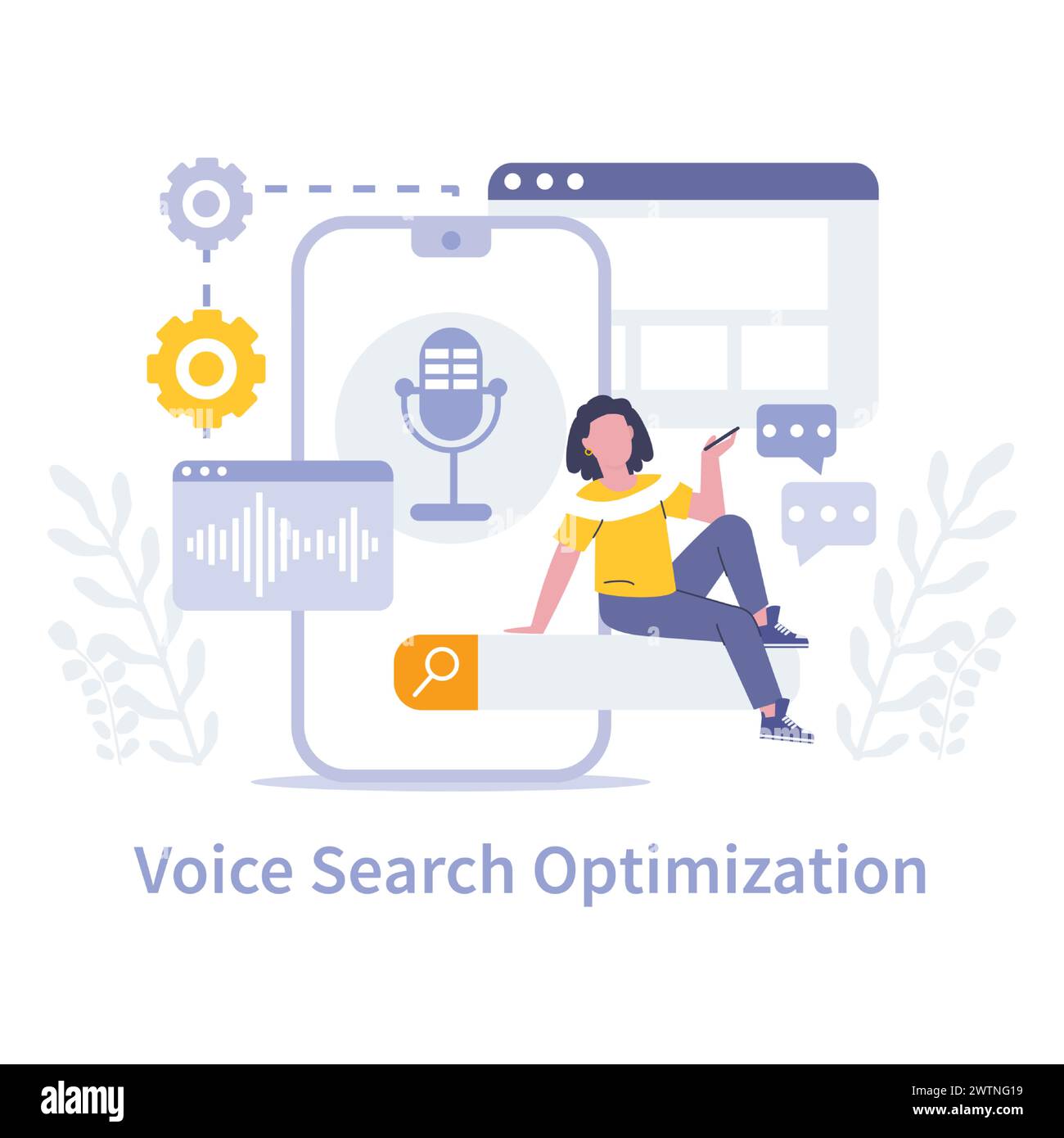 Concetto di ottimizzazione della ricerca vocale. Miglioramento dell'esperienza utente con la tecnologia di ricerca ad attivazione vocale. Interfacce intuitive per interazioni digitali senza interruzioni. Illustrazione vettoriale Illustrazione Vettoriale