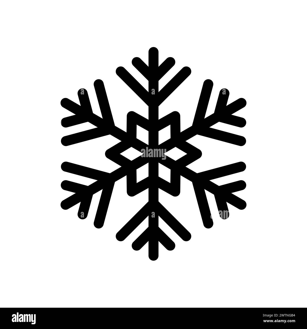 Icona del fiocco di neve. Fiocco di neve nero isolato su sfondo bianco. Neve fredda. Silhouette in cristallo congelato. Fiocco per la stampa invernale di design. Carina star Illustrazione Vettoriale