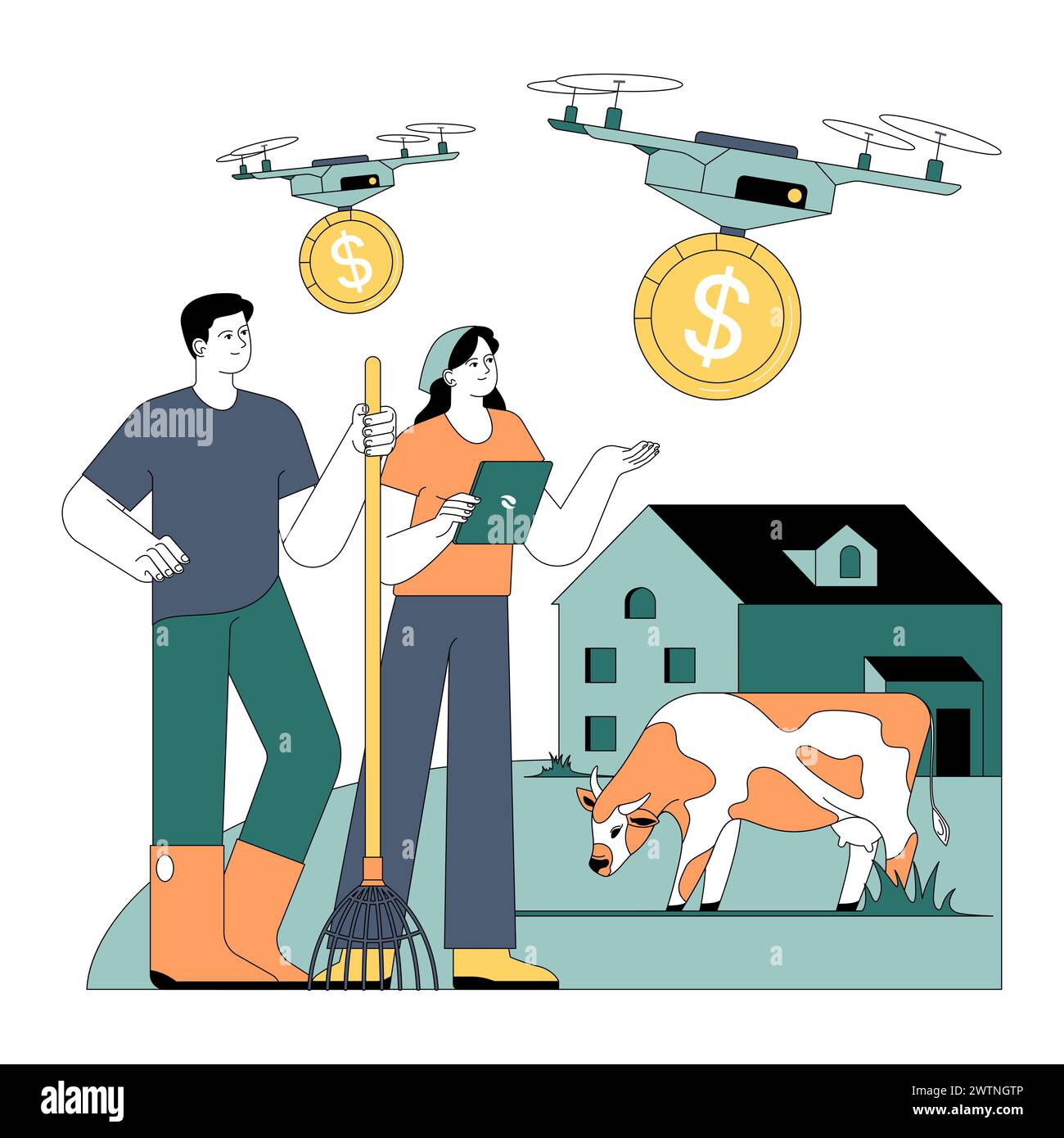 Sussidi statali. Il settore agricolo riceve un sostegno finanziario. Agricoltori con strumenti e droni moderni per un'agricoltura efficiente. Strategia di bilancio del governo. Illustrazione vettoriale piatta. Illustrazione Vettoriale