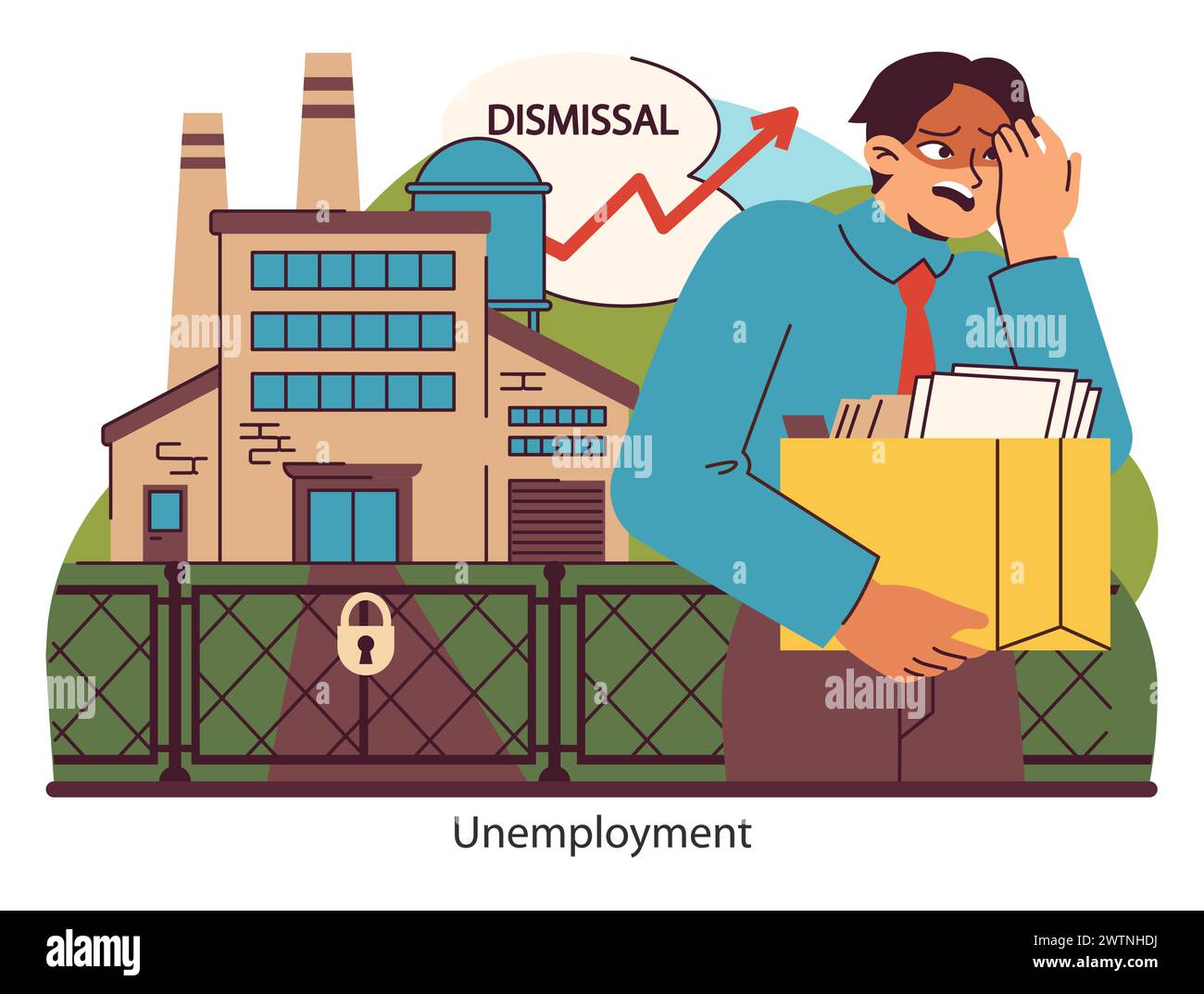 Recessione economica. Un lavoratore deve affrontare la perdita di lavoro fuori da una fabbrica. L'impatto personale del ridimensionamento aziendale e dei cambiamenti economici. Illustrazione vettoriale piatta. Illustrazione Vettoriale