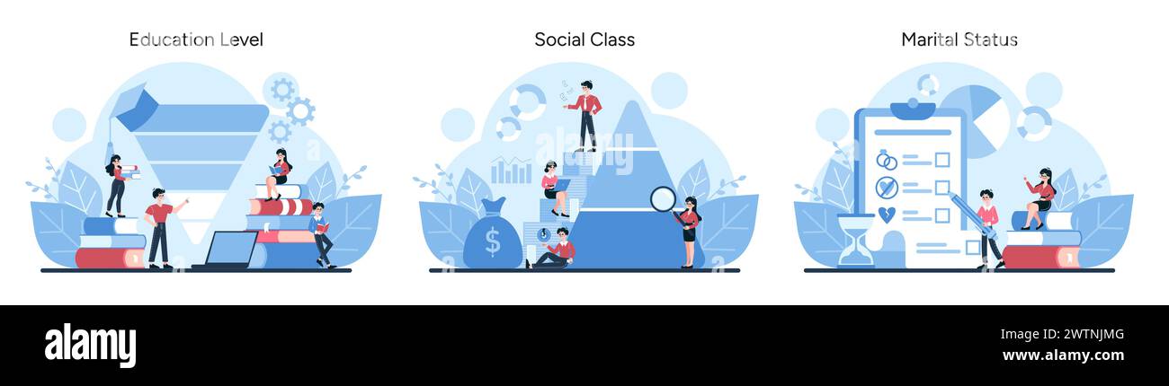 Trio di segmentazione del mercato. Mostra l'istruzione, la classe sociale e lo stato civile come categorie di mercato. Cattura l'essenza della classificazione dei consumatori. Illustrazione vettoriale Illustrazione Vettoriale