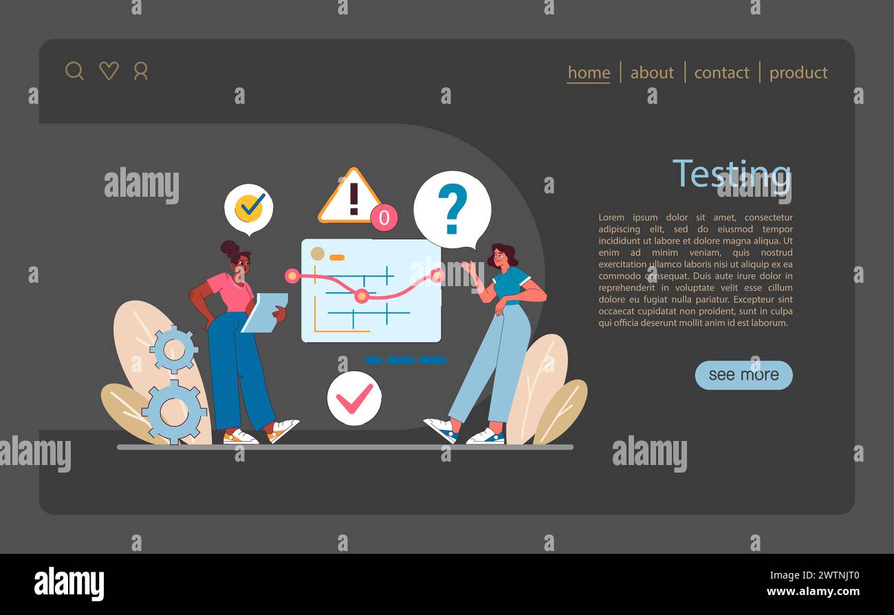 Fase di test nella gestione dei progetti IT. Evidenzia la valutazione critica della funzionalità del software, l'identificazione dei bug e la garanzia della qualità del prodotto prima della distribuzione. Illustrazione vettoriale piatta. Illustrazione Vettoriale