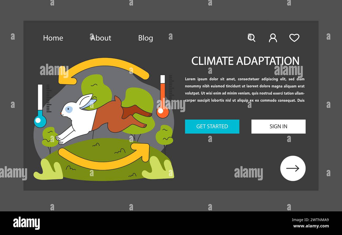 Banner Web o landing page per l'adattamento ai cambiamenti climatici in modalità buia o notturna. Un coniglio si adatta rapidamente alle variazioni di temperatura. Cambiamento dell'ambiente. Illustrazione vettoriale piatta. Illustrazione Vettoriale