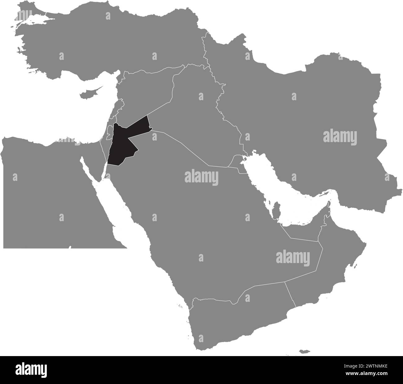 Mappa nera della GIORDANIA all'interno della mappa grigia del Medio Oriente Illustrazione Vettoriale