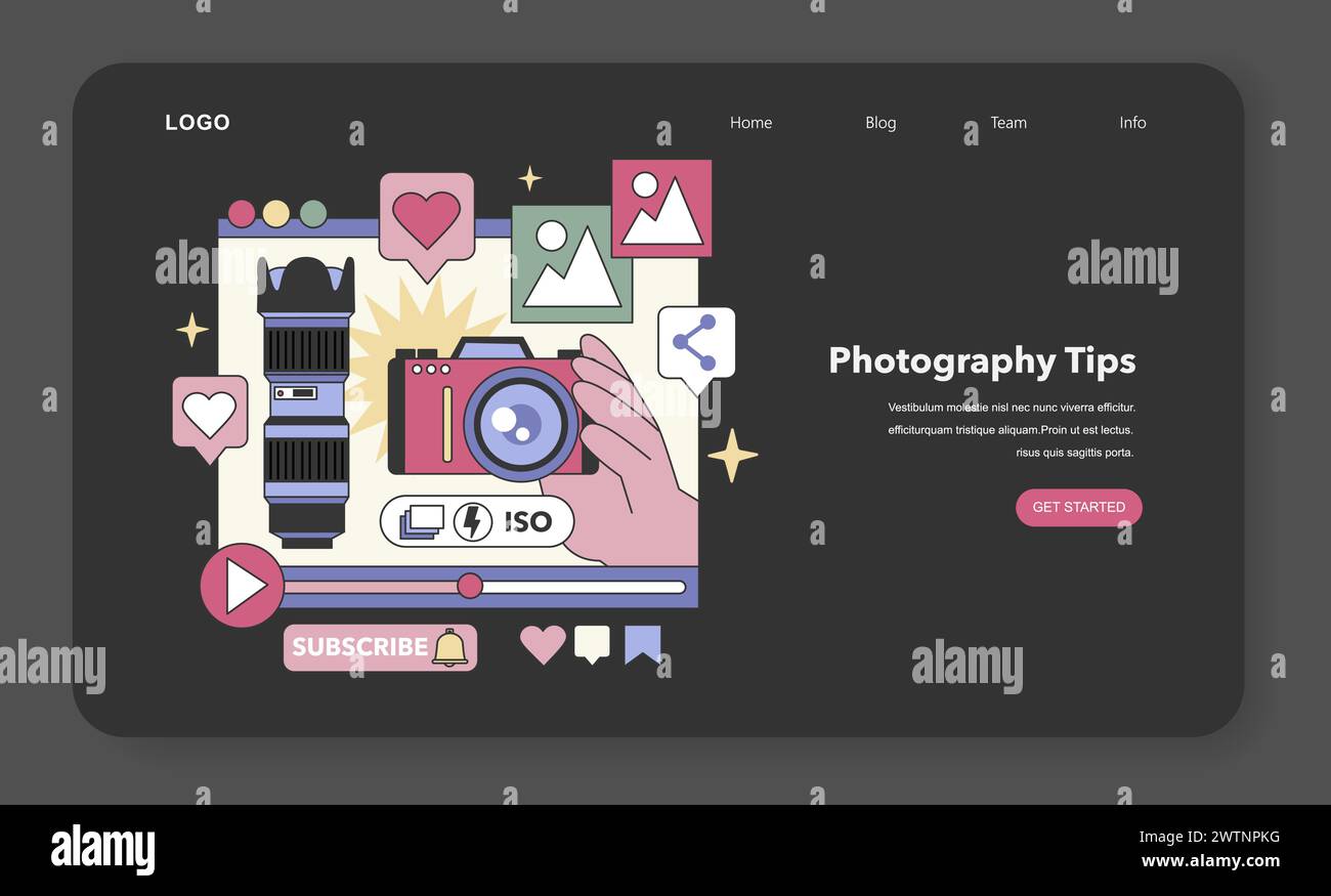 Guida ai suggerimenti per la fotografia. Utilizzo creativo della fotocamera, acquisizione di immagini con obiettivo, flash e impostazioni. Migliorare la narrazione visiva e le tecniche di composizione. Illustrazione vettoriale piatta Illustrazione Vettoriale