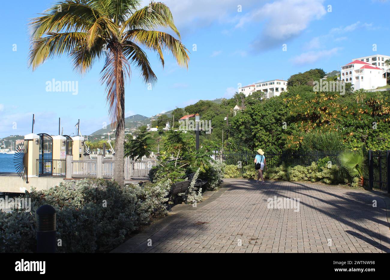 Donna che cammina su un marciapiede acciottolato vicino al porto di Charlotte Amalie, Isole Vergini americane Foto Stock