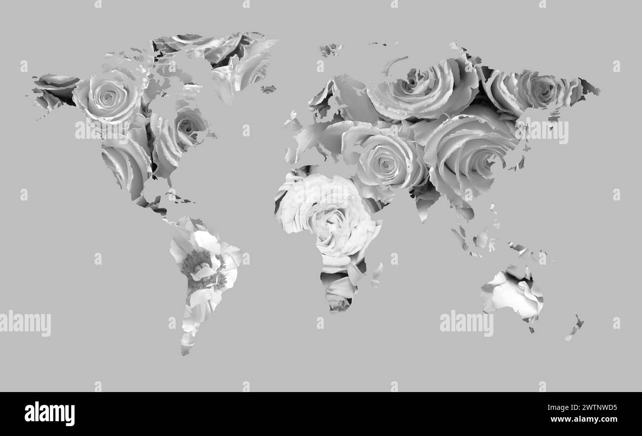 Mappa del mondo fatta di bellissimi fiori su sfondo grigio, design striscioni Foto Stock