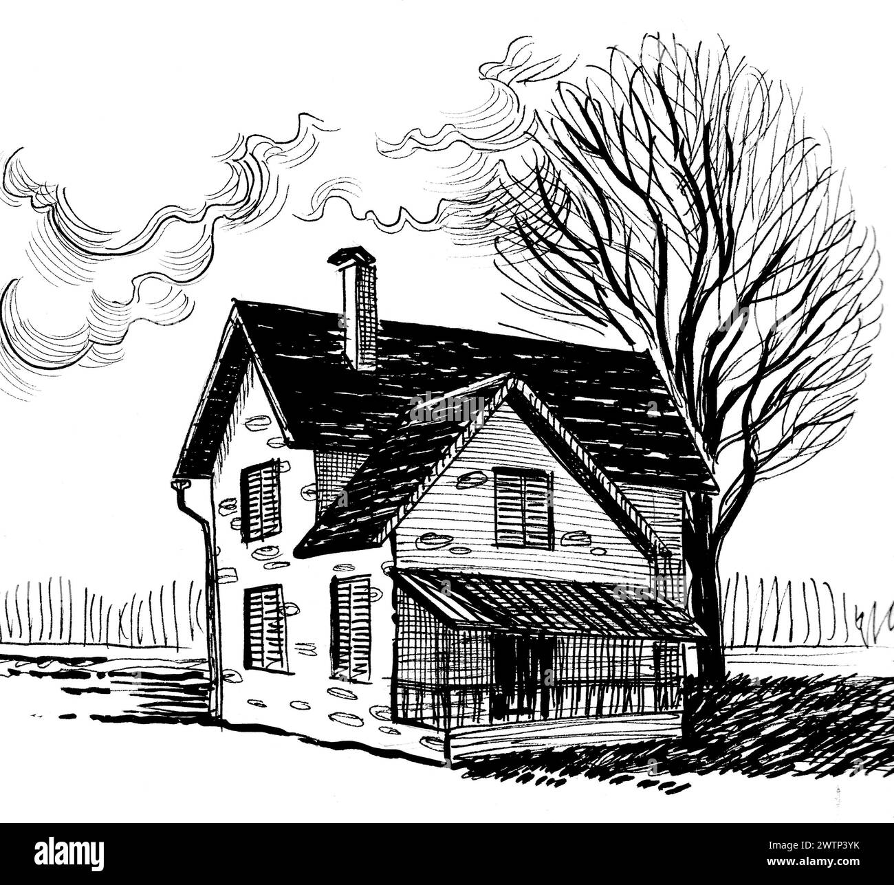 Vecchia casa in campagna. Illustrazione in bianco e nero disegnata a mano in stile retrò Foto Stock