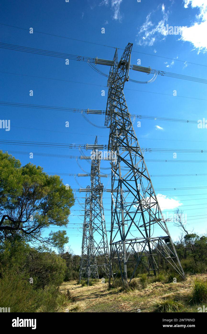 La maggior parte dell'elettricità di Victoria è stata generata nella valle della Trobe i Gippsland, e ha raggiunto Melbourne attraverso queste linee di trasmissione. Potenza! Foto Stock