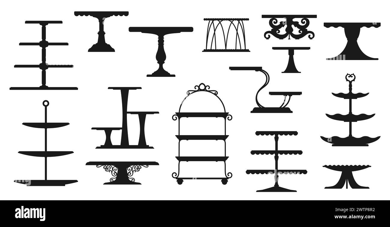 Vassoio di tè o vassoio con piedistallo sagoma di piatti da dessert e tavoli, icone vettoriali. Il cibo del ristorante serve piatti e torte nuziali, torte da forno, piatto di podio e vassoi di dolci di pasticceria Illustrazione Vettoriale