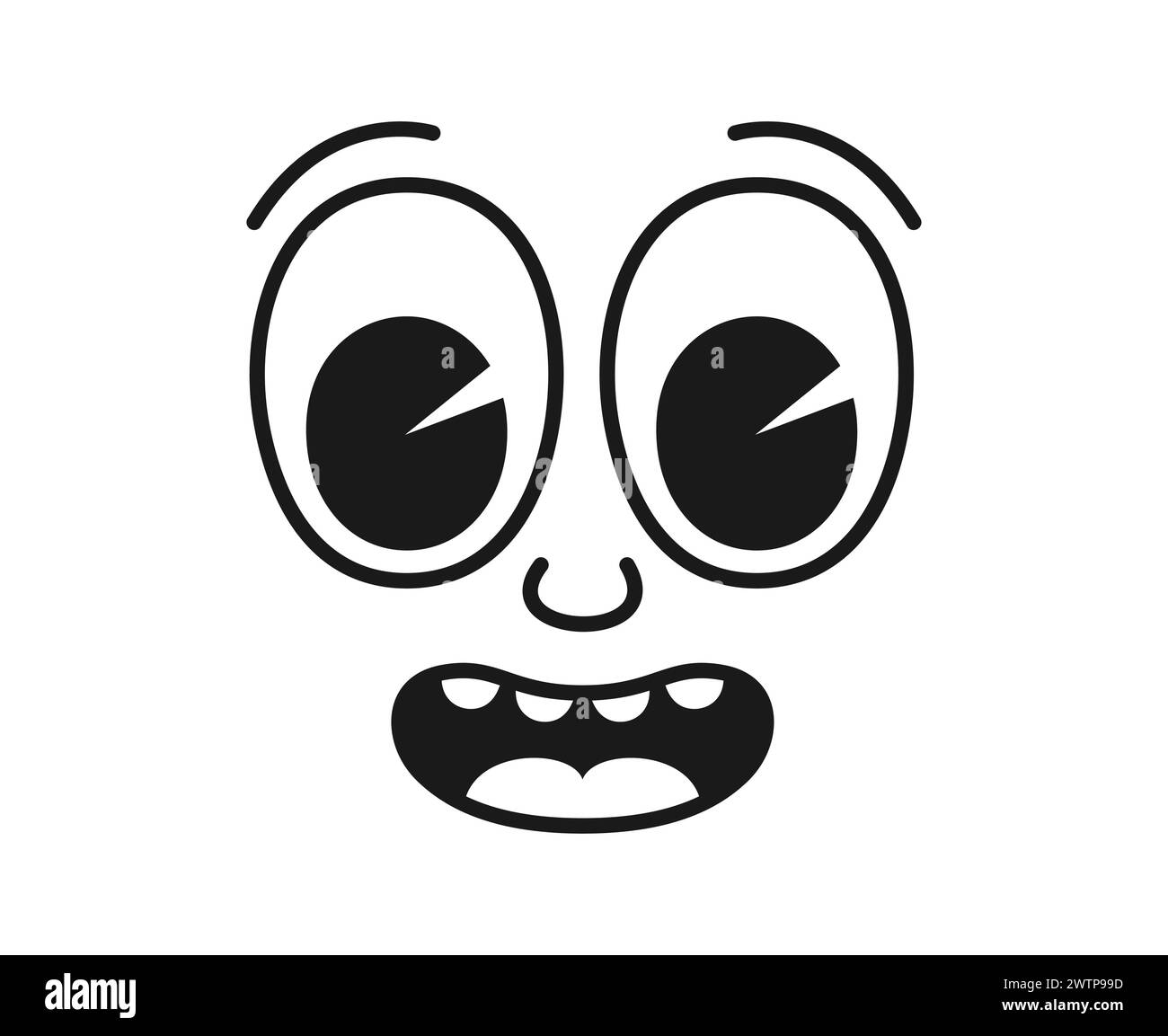 Fumetto cartoni animati con il sorriso, divertente emozione per gli occhi e personaggio emoji retrò carino. Il vettore isolato, sorpreso o stupito, irradia vibrazioni positive con bocca aperta e un'espressione facciale sorprendente Illustrazione Vettoriale