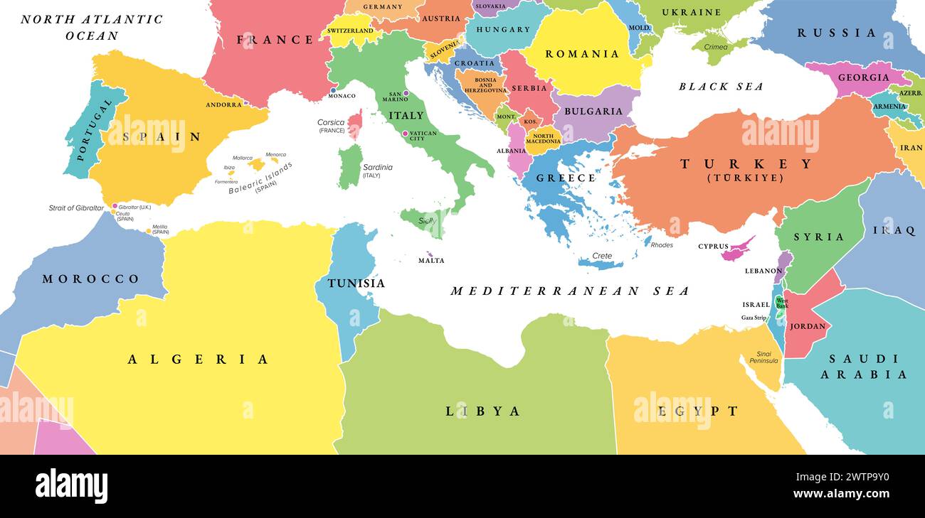 Bacino del Mediterraneo, mappa politica con diversi paesi di colore. Il Mar Mediterraneo e la regione. Europa meridionale, Nord Africa e vicino Oriente. Foto Stock