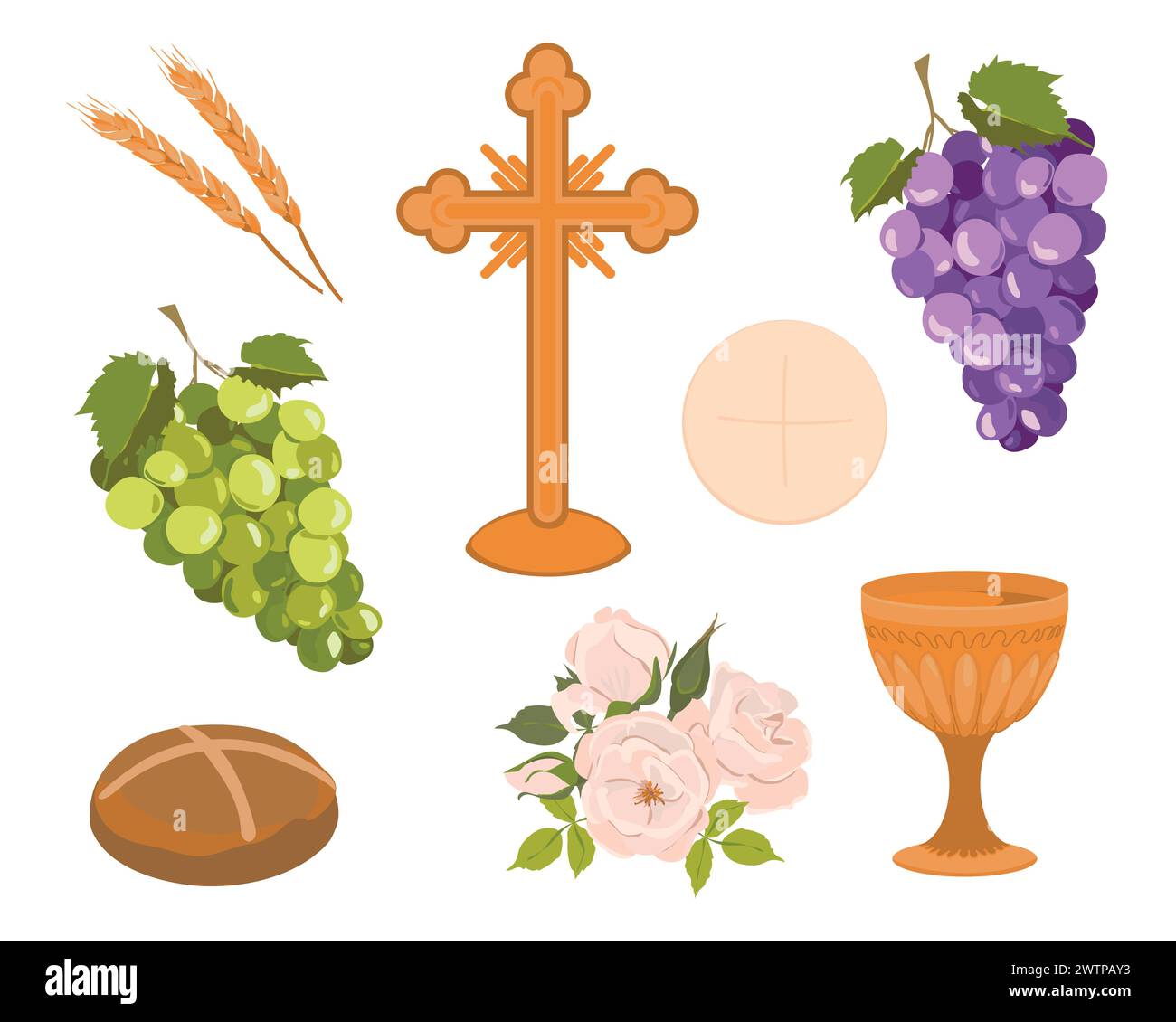 Elementi della prima Comunione Cattolica. Gruppo vettoriale. Ciotola dorata per vino, pane, vino, uva, crocetta, rose bianche. Splendidi elementi di design. Illustrazione Vettoriale