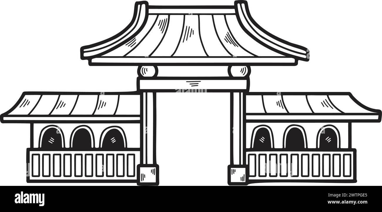 Padiglioni o pagode disegnati a mano in stile giapponese e cinese in stile piatto, isolati sullo sfondo Illustrazione Vettoriale