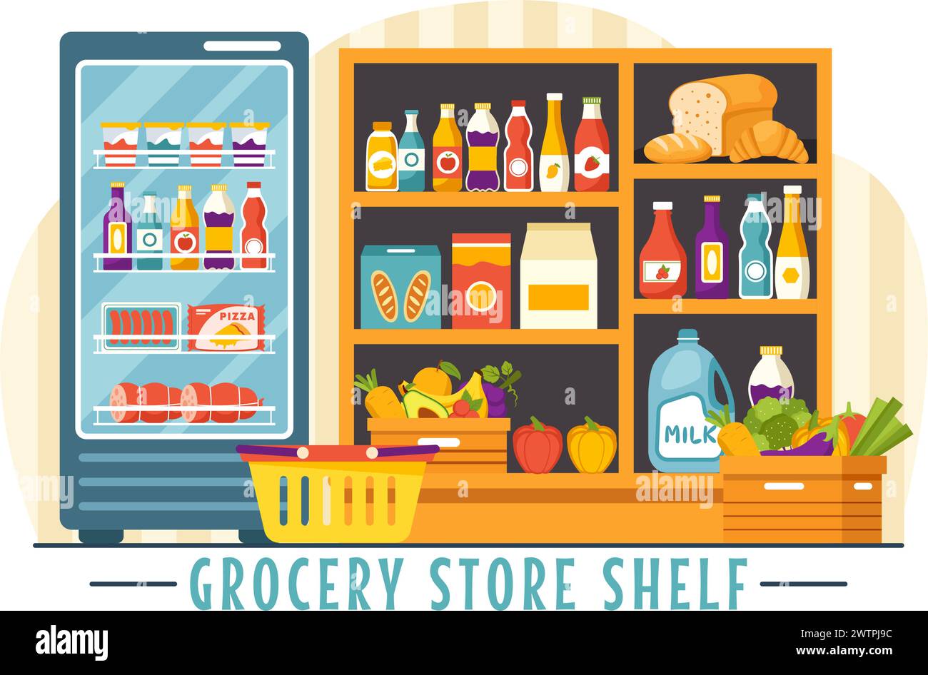 Illustrazione vettoriale dello scaffale del negozio di alimentari con articoli alimentari e prodotti Assortiment sul supermercato per le esigenze quotidiane dello shopping su sfondo piatto Illustrazione Vettoriale