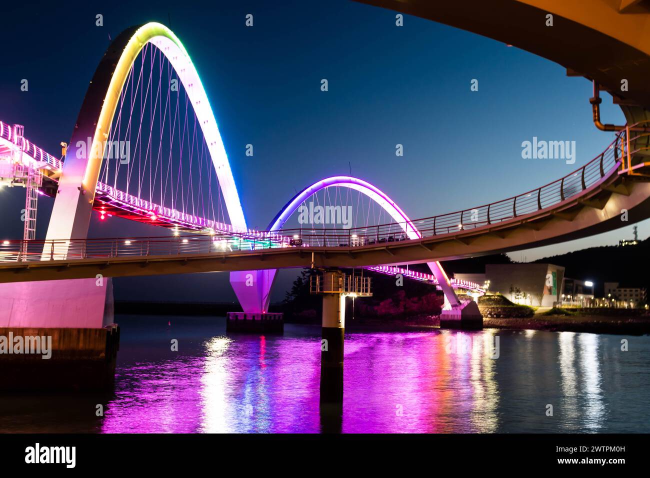 Un moderno ponte ad arco illuminato con luci viola e blu di notte, che si riflette sull'acqua, a Sinjin-Do, Corea del Sud, Asia Foto Stock