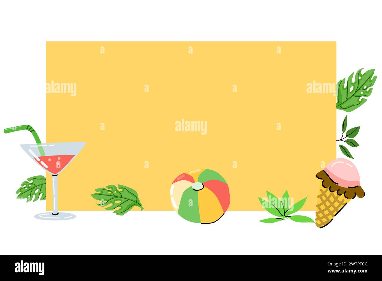 Sfondo estivo disegnato a mano con elementi da spiaggia. Illustrazione vettoriale di palla da spiaggia, gelato, foglie tropicali, cocktail. CAN usato per il banner di vendita, io Illustrazione Vettoriale