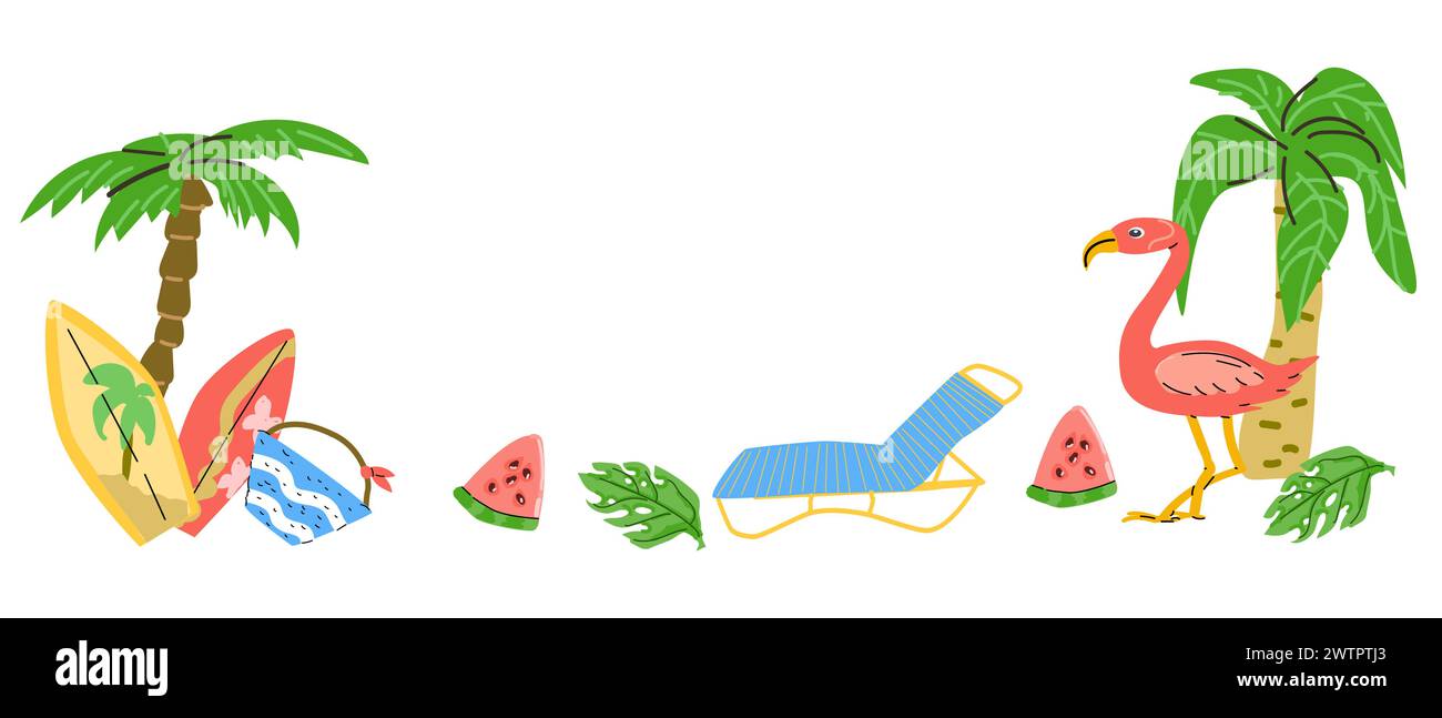 Sfondo estivo disegnato a mano con elementi da spiaggia. Illustrazione vettoriale di sdraio, anguria, foglie tropicali, palme, fenicottero. Illustrazione Vettoriale