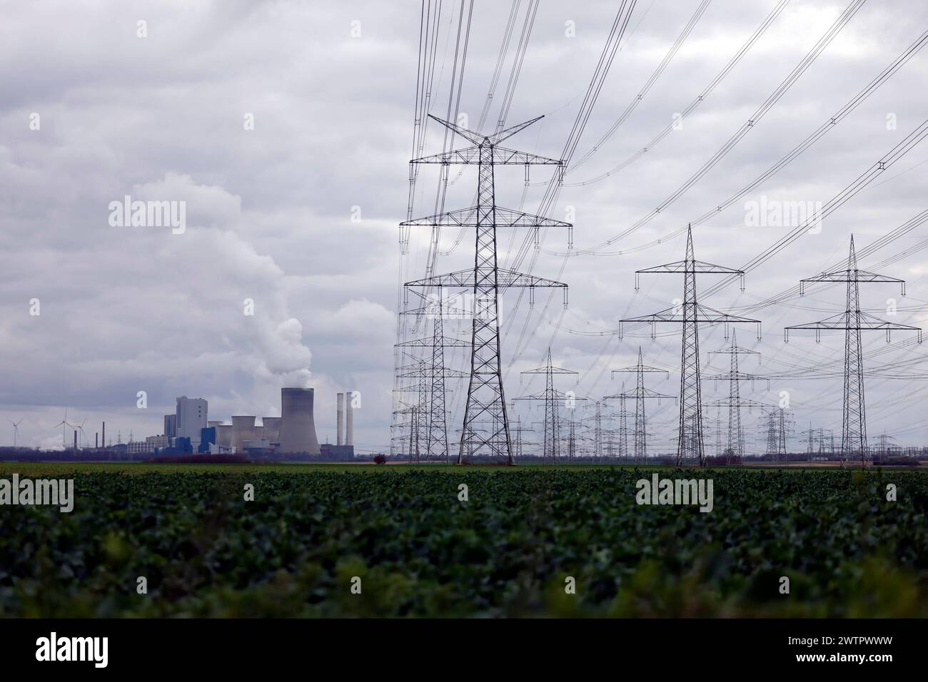 Strommasten und Windräder rund um das Kohlekraftwerk Niederaußem des Stromkonzerns RWE. Themenbild, Symbolbild. Bergheim, 18.03.2024 NRW Deutschland *** tralicci elettrici e turbine eoliche intorno alla centrale elettrica a carbone RWEs Niederaussem immagine a tema, immagine simbolica Bergheim, 18 03 2024 NRW Germania Copyright: XChristophxHardtx Foto Stock