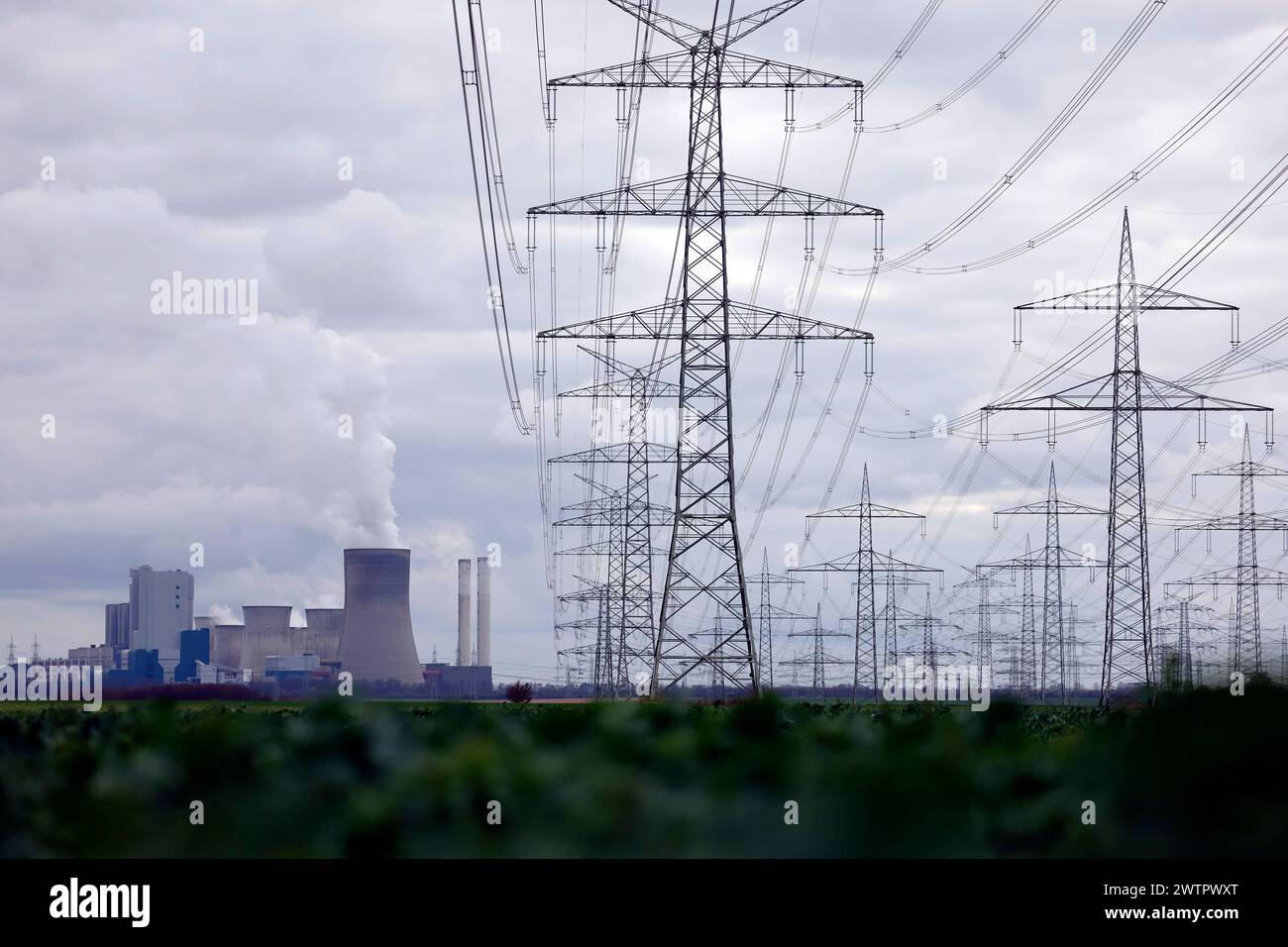 Strommasten und Windräder rund um das Kohlekraftwerk Niederaußem des Stromkonzerns RWE. Themenbild, Symbolbild. Bergheim, 18.03.2024 NRW Deutschland *** tralicci elettrici e turbine eoliche intorno alla centrale elettrica a carbone RWEs Niederaussem immagine a tema, immagine simbolica Bergheim, 18 03 2024 NRW Germania Copyright: XChristophxHardtx Foto Stock