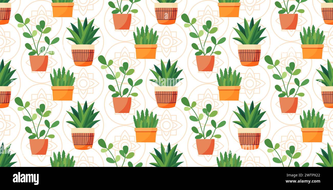 Schema senza cuciture di piante d'appartamento in vasi. Sfondo vettoriale colorato con una varietà di piante in vaso da interni. Illustrazione Vettoriale