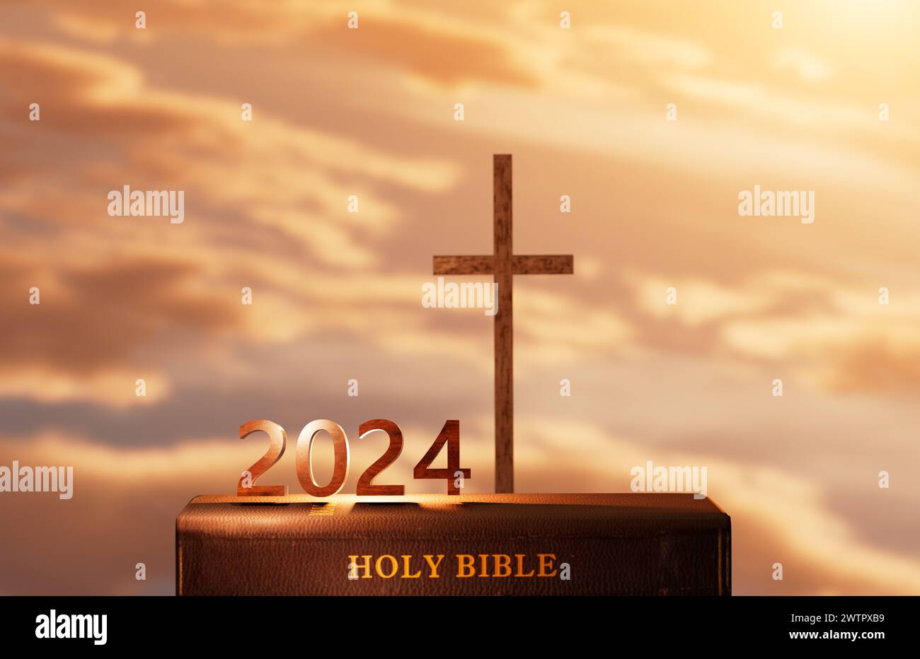 Anno nuovo 2024, sole nascente, alba e tramonto sfondo, croce di Gesù Cristo, Santa Bibbia, fede in dio, convinzione, misericordia, pace e chiesa Foto Stock
