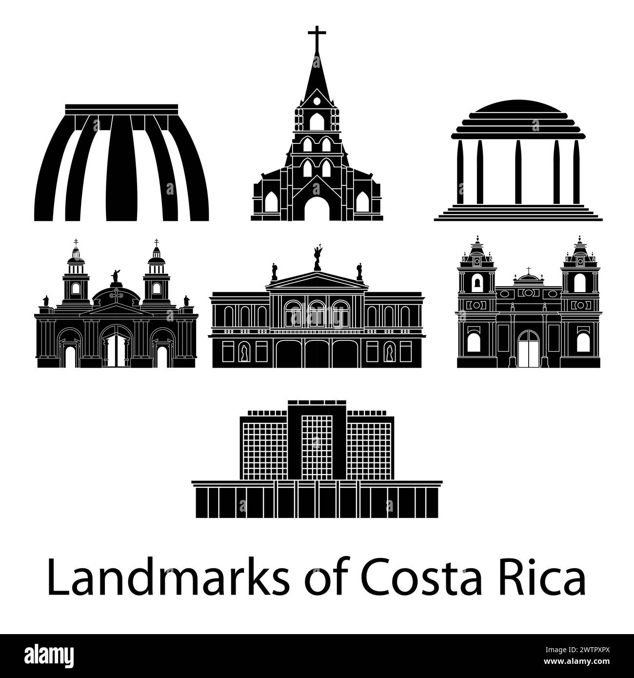 set di famosi monumenti della costa rica per stile silhouette, illustrazione vettoriale Illustrazione Vettoriale